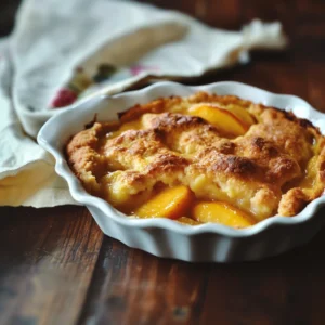 Peach cobbler pie sliced and served on a plate with fresh peach slices