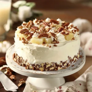 Elvis Presley-inspired cake with creamy frosting and pineapple topping on a serving plate