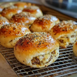 Golden garlic parmesan cheeseburger bombs on a baking tray with dipping sauce