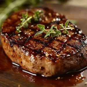 Marinated raw steak with garlic, rosemary, and olive oil in a bowl