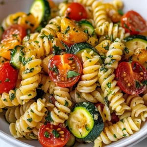 A bowl of whole wheat pasta tossed with zucchini, cherry tomatoes, and herbs