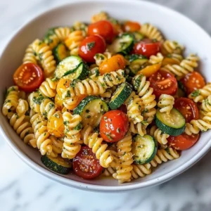 Zucchini and tomato pasta with herbs and a drizzle of olive oil in a white bowl
