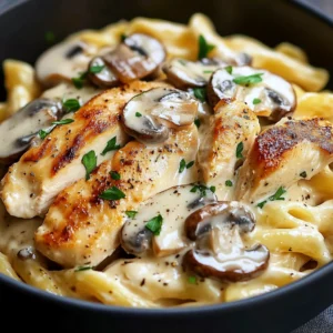 Close-up of pasta with mushrooms and creamy sauce with chicken slices
