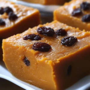 Sliced Jamaican sweet potato pudding with rich brown crust on a wooden plate