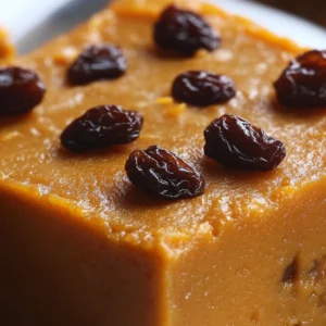 Close-up of moist Jamaican sweet potato pudding topped with raisins