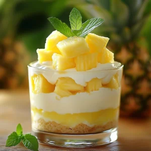 Close-up of pineapple heaven cake on a plate with creamy frosting and fruit topping