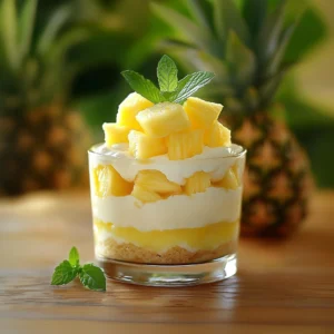 Whole pineapple cake garnished with whipped topping and tropical fruit