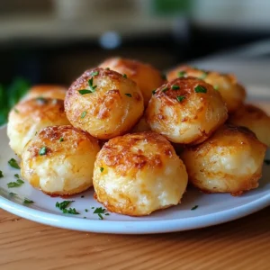 Golden brown mashed potato cheese puffs on a baking tray, garnished with herbs