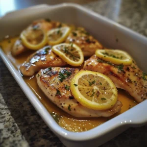 Baked chicken thighs in lemon garlic sauce with golden skin and herbs