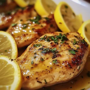 Golden-browned chicken breasts garnished with lemon slices and herbs