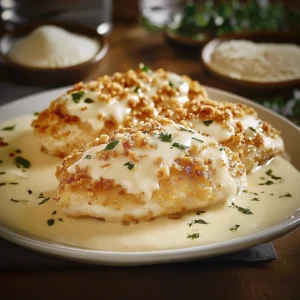 Golden Parmesan-crusted chicken breast topped with cheese and herbs