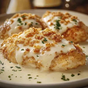 Juicy baked chicken topped with a golden parmesan crust and melted cheese