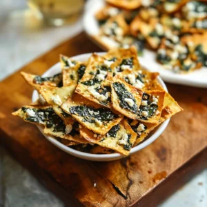 Mediterranean Spinach and Feta Cheese Crisps on a serving tray with dipping sauce