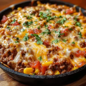 Layered Mexican casserole with cheese, ground beef, beans, and corn