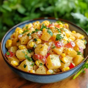 Close-up of creamy Mexican-style potato salad with grilled corn and chili flakes