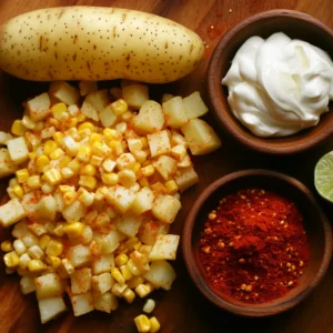 Bowl of Mexican street corn potato salad with cotija cheese and cilantro