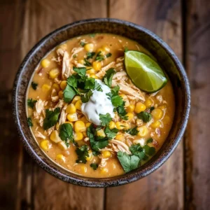 Bowl of street corn white chicken chili with beans, corn, and cheese