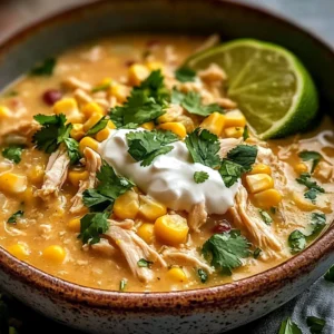 Mexican-style creamy chicken chili with roasted corn and chili-lime topping
