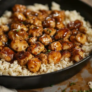 Top-down view of BBQ chicken and rice dish with chopped herbs