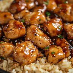 Chicken glazed in honey BBQ sauce atop seasoned rice in a cast iron pan