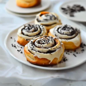 Sliced cinnamon rolls showing Oreo chunks and melted icing