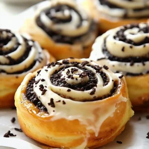 Baking dish filled with Oreo cinnamon rolls topped with vanilla glaze