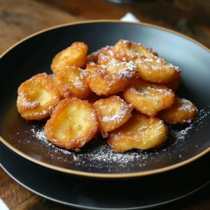 Golden pan-fried apple fritters dusted with cinnamon sugar on a plate