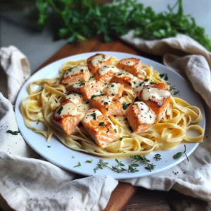 Creamy pasta with salmon chunks, garlic Parmesan sauce, and fresh herbs on a plate
