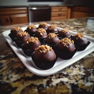 Round peanut butter balls dipped in rich chocolate on parchment paper