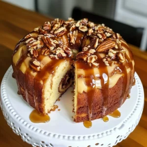 Sliced pound cake drizzled with caramel and topped with pecans
