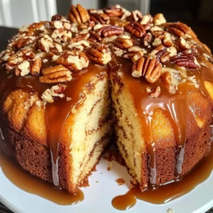 Top view of a golden pound cake with caramel and toasted peca