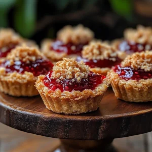 Close-up of tartlets filled with raspberry jam and sprinkled with coconut topping