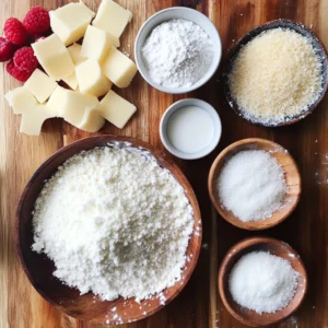 Mini raspberry jam tartlets topped with golden coconut crumble