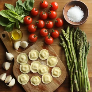 Cheese ravioli tossed in garlic herb sauce with asparagus and tomatoes