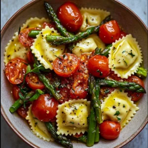 Plate of ravioli with cherry tomatoes, asparagus spears, garlic, and fresh herbs
