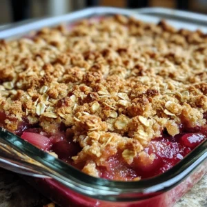 Rustic-style rhubarb crisp fresh from the oven with golden topping and red fruit peeking through