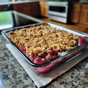 Bowl of rhubarb crisp topped with oats and served with melting vanilla ice cream