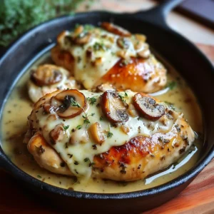 Baked chicken breast filled with mushrooms and cheese, served with herbs