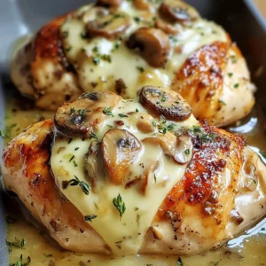 Stuffed chicken breast on a white plate with creamy mushroom cheese filling