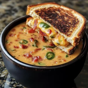 Steaming bowl of jalapeño popper soup served with golden grilled cheese fingers
