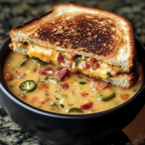 Bowl of spicy jalapeño soup with melted cheese and grilled cheese slices
