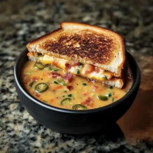 Steaming bowl of jalapeño popper soup served with golden grilled cheese fingers
