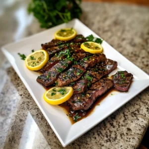 Marinated steaks on a cutting board with visible herbs and marinade glaze