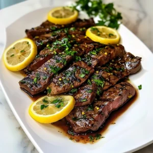 Marinated steaks on a cutting board with visible herbs and marinade glaze