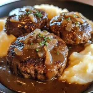 Rustic plate with garlic mashed potatoes and beef patties topped with mushroom gravy