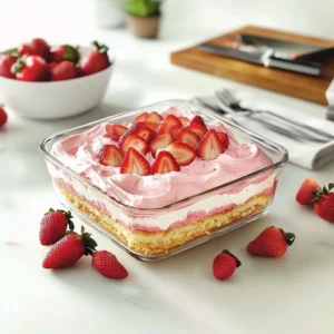 Strawberry éclair cake topped with fresh strawberries and whipped cream