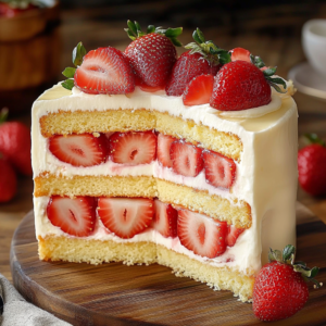 strawberry layer cake with fresh strawberries and a smooth vanilla cream frosting