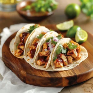 Grilled chicken tacos with spicy-sweet glaze, lettuce, and fresh lime on the side