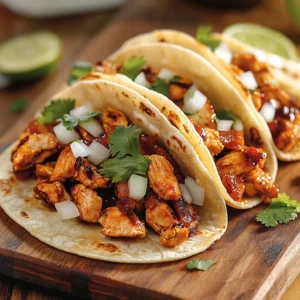 Street-style tacos filled with sweet and spicy chicken, topped with fresh slaw