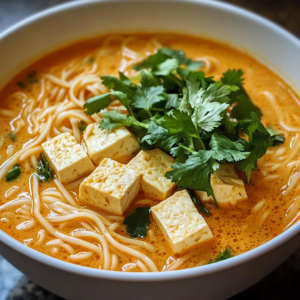 Bowl of Thai chicken soup with coconut milk, rice noodles, and fresh herbs
